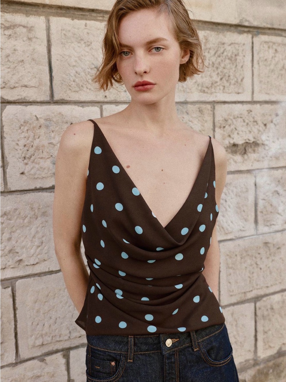 Zara Brown Cowl Neck Camisole with Light Blue Polka Dots